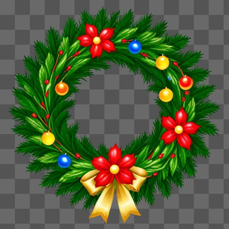 Christmas wreath clipart with red flowers and gold ribbon