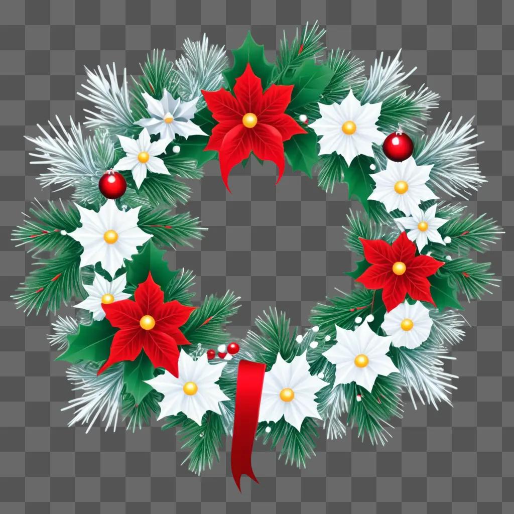 Christmas wreath with poinsettias, red ribbon, and white flowers