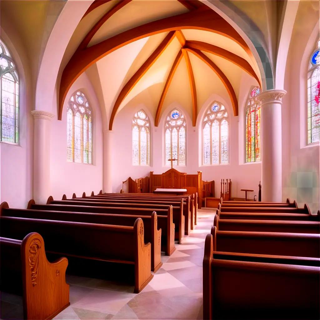 Church with long wooden pews and stained glass windows