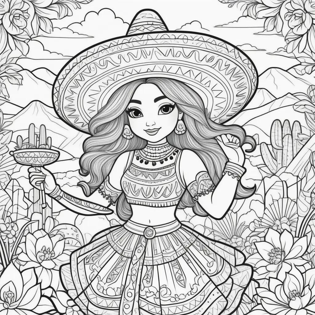 Cinco de Mayo Coloring Pages with a girl in a sombrero and flowers