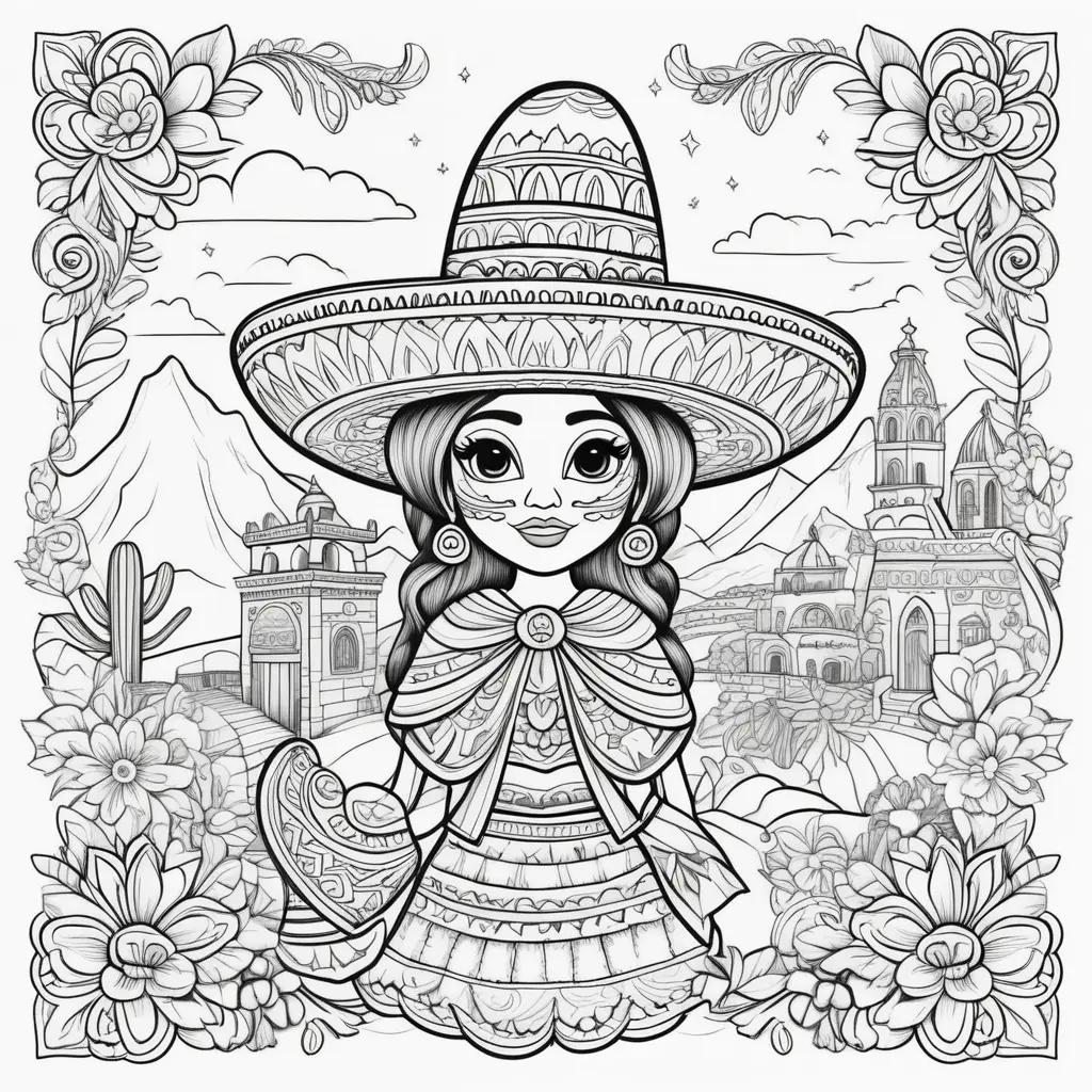 Cinco de Mayo coloring page with a girl wearing a sombrero and a hat