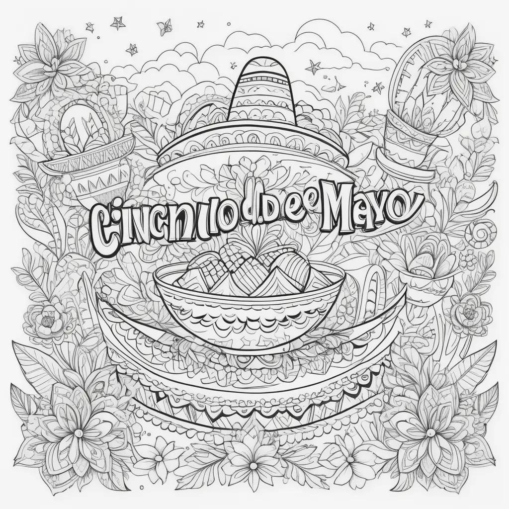 Cinco de Mayo coloring page with flowers and hats