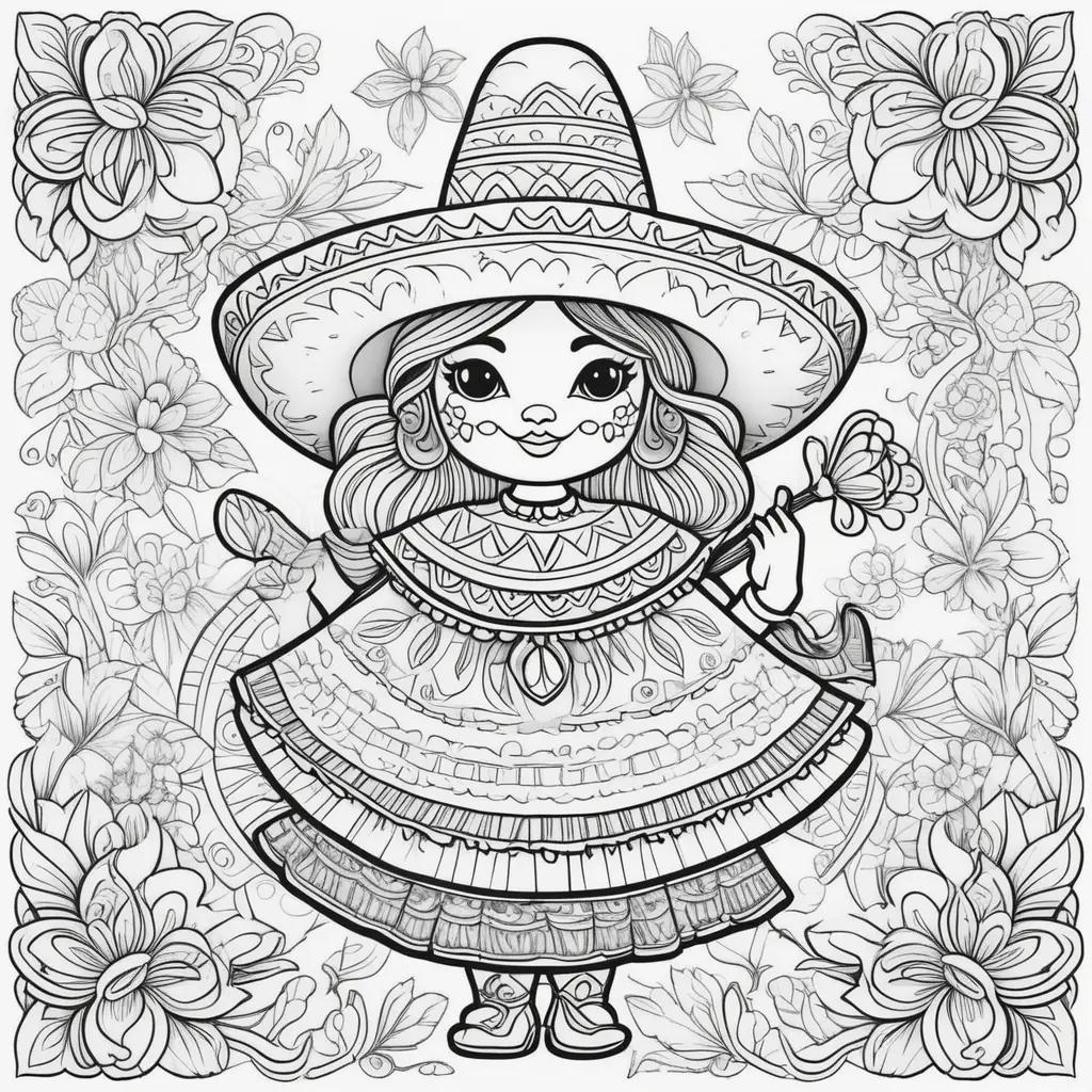 Cinco de Mayo coloring pages featuring a girl in a sombrero and flower bouquet