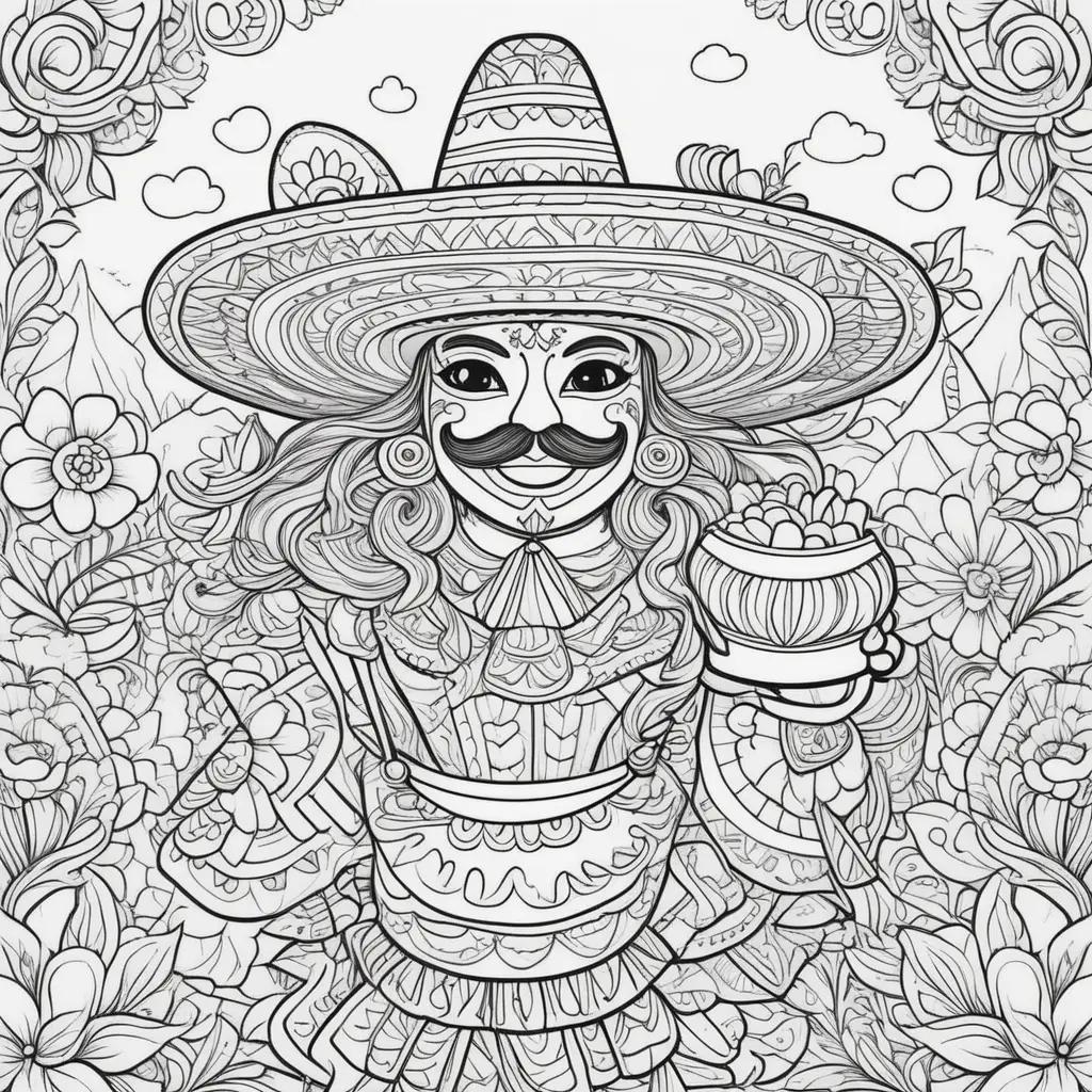 Cinco de Mayo coloring pages featuring a sombrero-wearing man with a flower in his hand