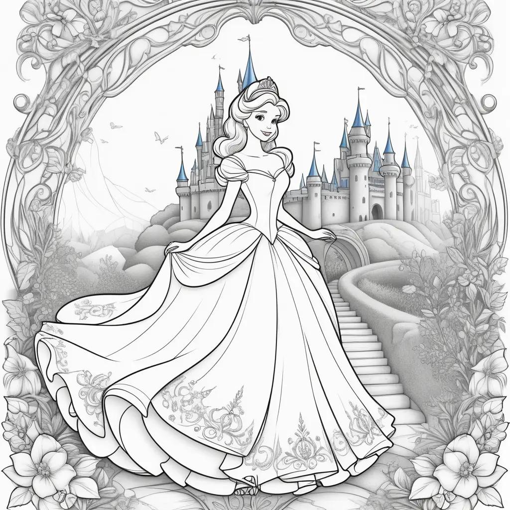 Cinderella Coloring Page with a Castle and Flowers