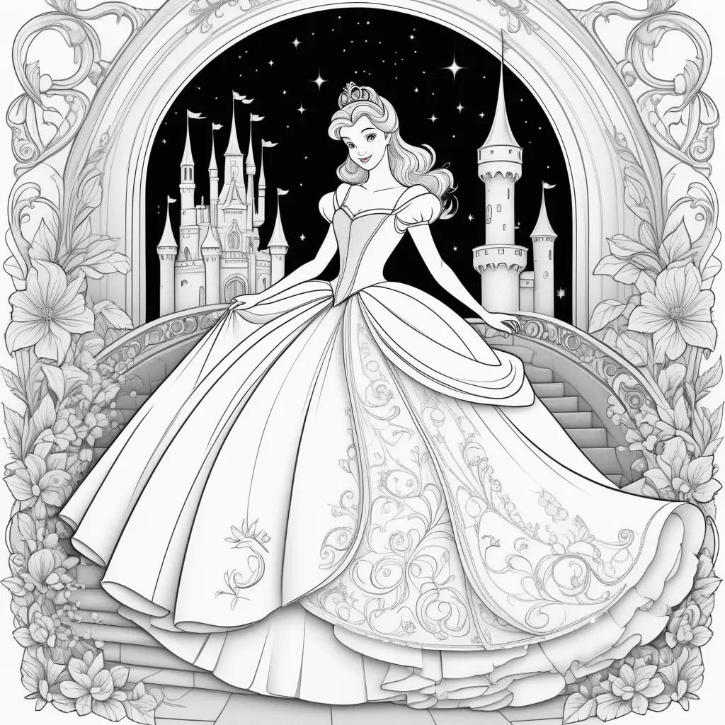 Cinderella coloring page: princess, castle, dress, castle