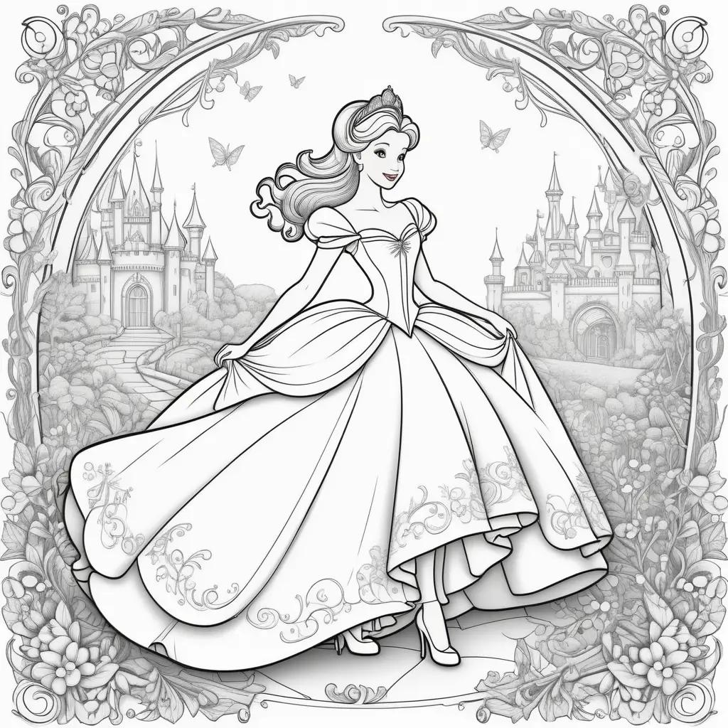 Cinderella coloring page featuring a princess in a gown