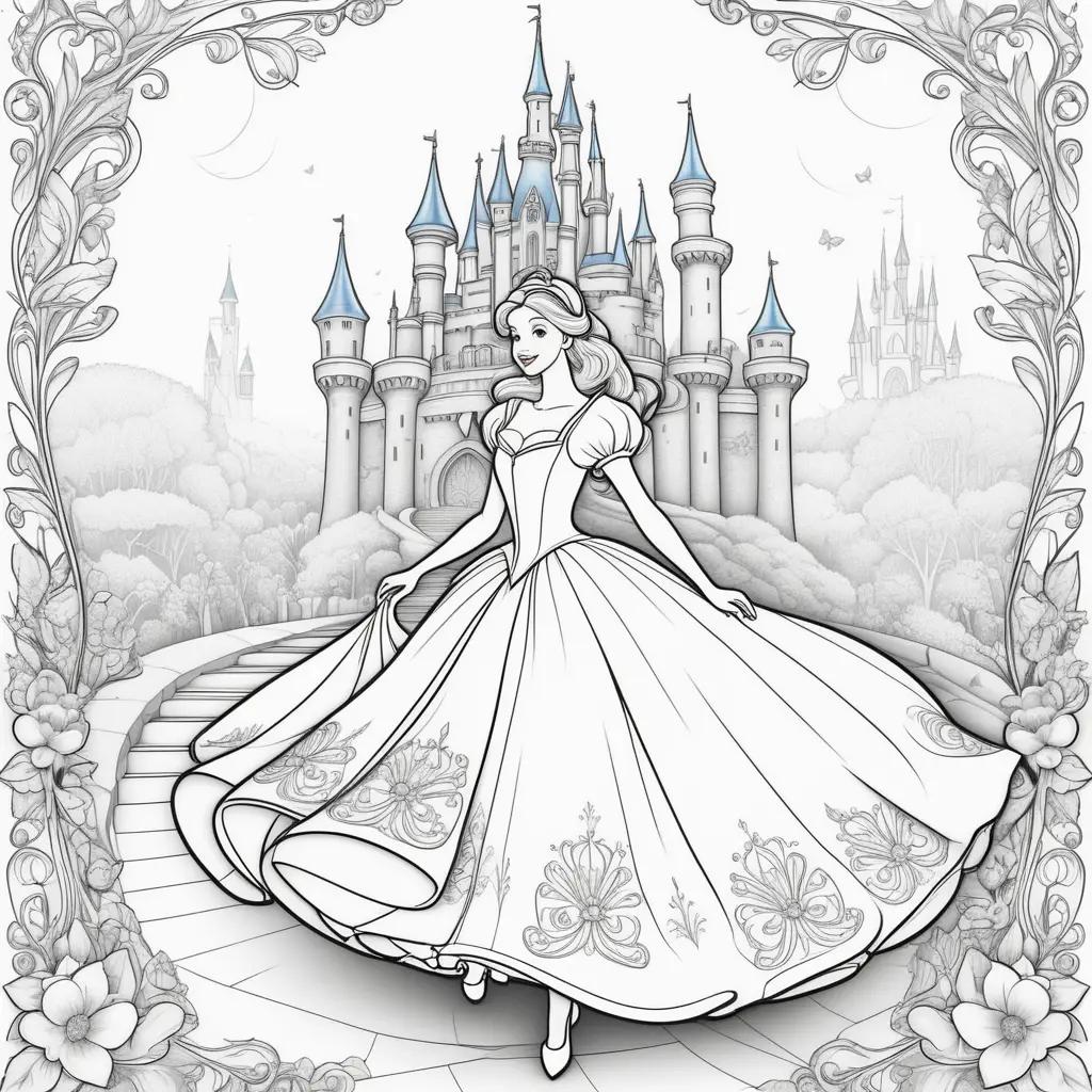 Cinderella coloring page with castle and flowers