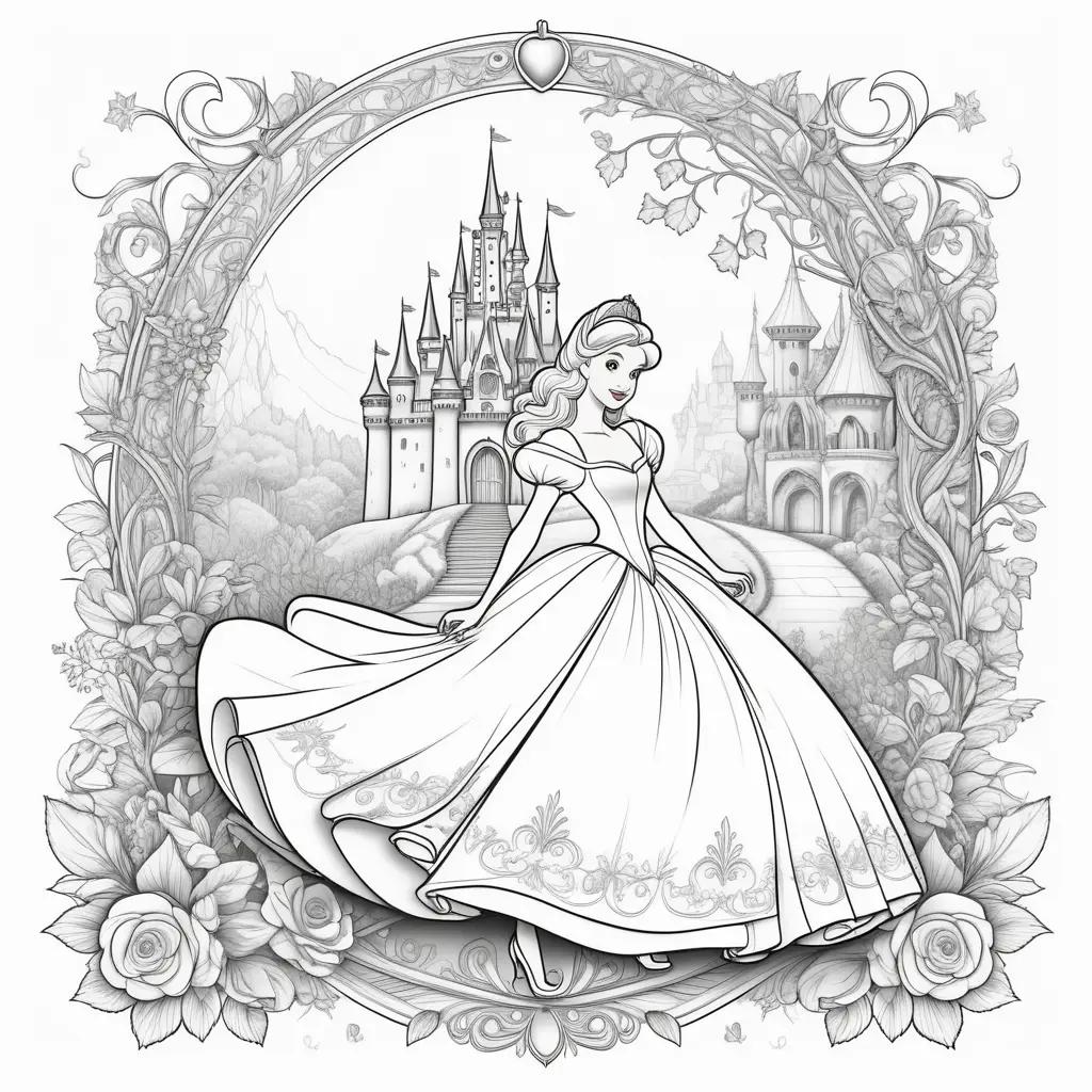 Cinderella coloring page with castle and roses