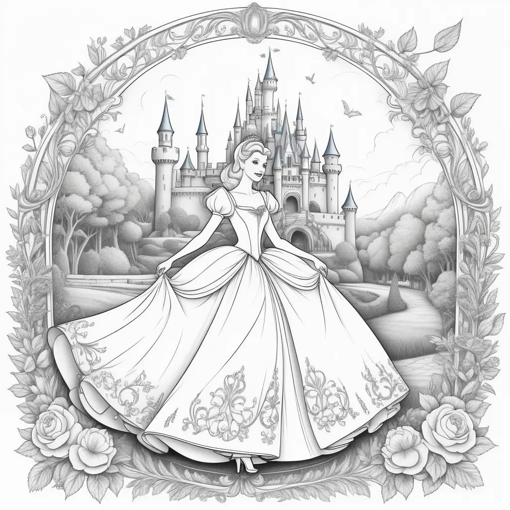 Cinderella coloring pages with a castle and roses