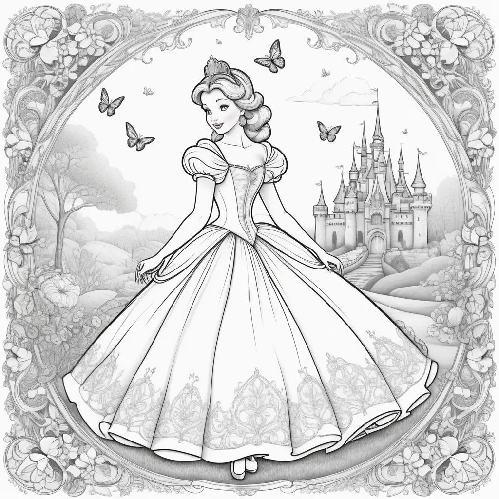 Cinderella coloring pages with a princess in a dress and butterflies