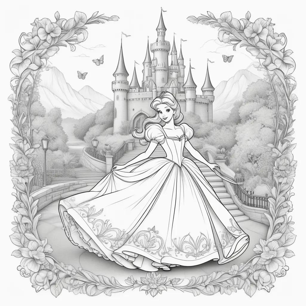 Cinderella coloring pages with detailed castle and dress