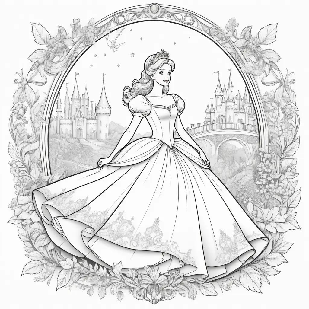 Cinderella coloring pages with princess dress and castle