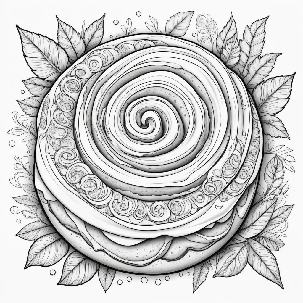 シナモンロールのぬりえは、さまざまな葉や花が囲まれた装飾的なシナモンロールを特徴とする芸術的でカラフルなイラストです
