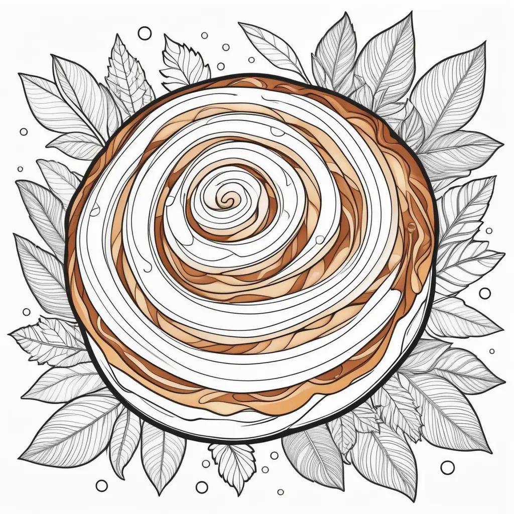 Cinnamon roll coloring pages featuring a swirly design and leaves