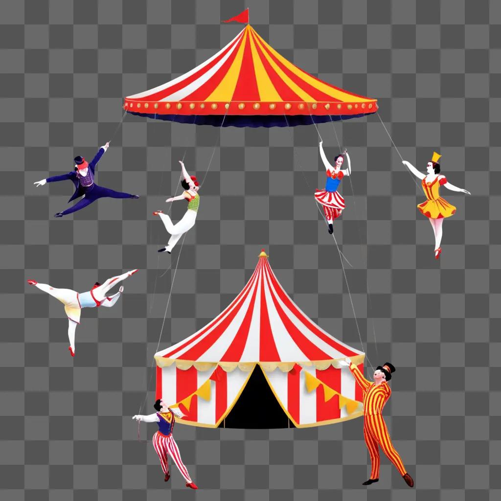 Circus performers swing high above the tents