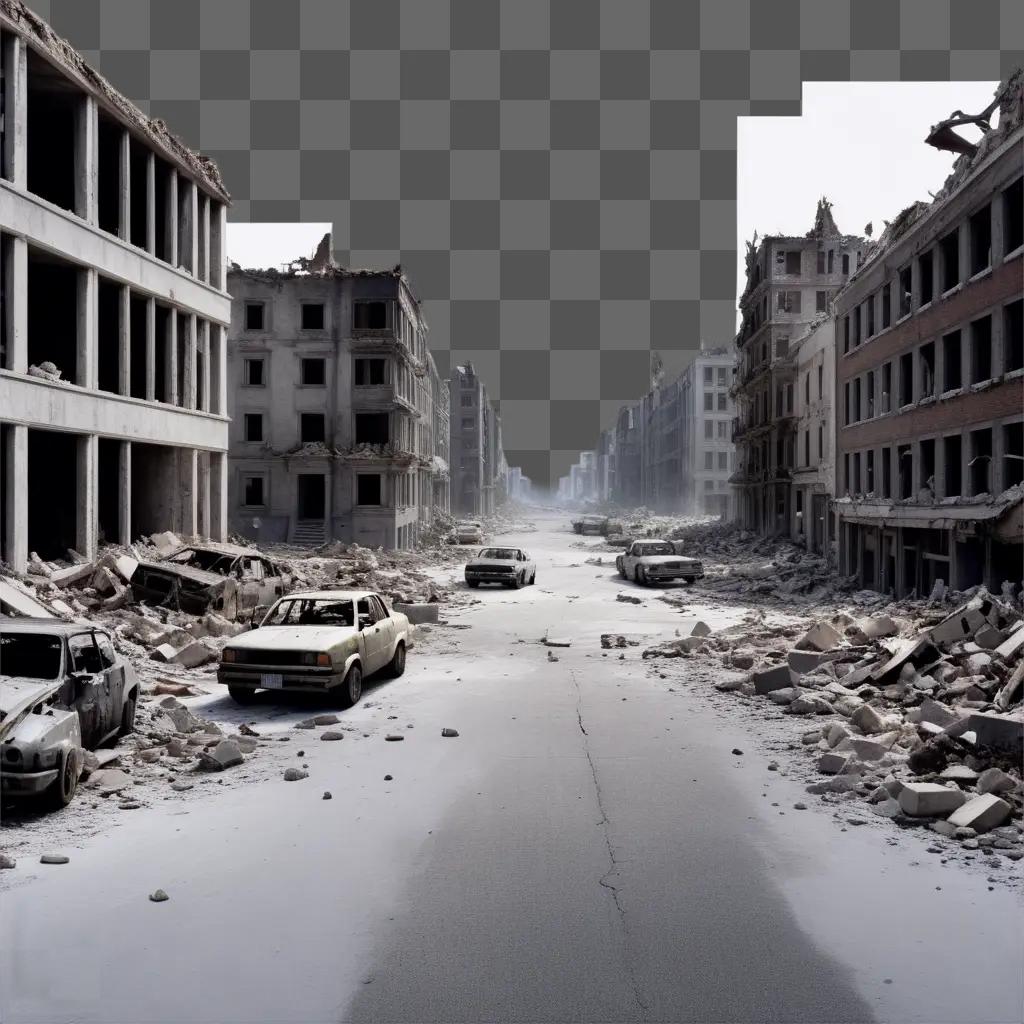 廃墟と化した街は、建物が破壊され、車が車に