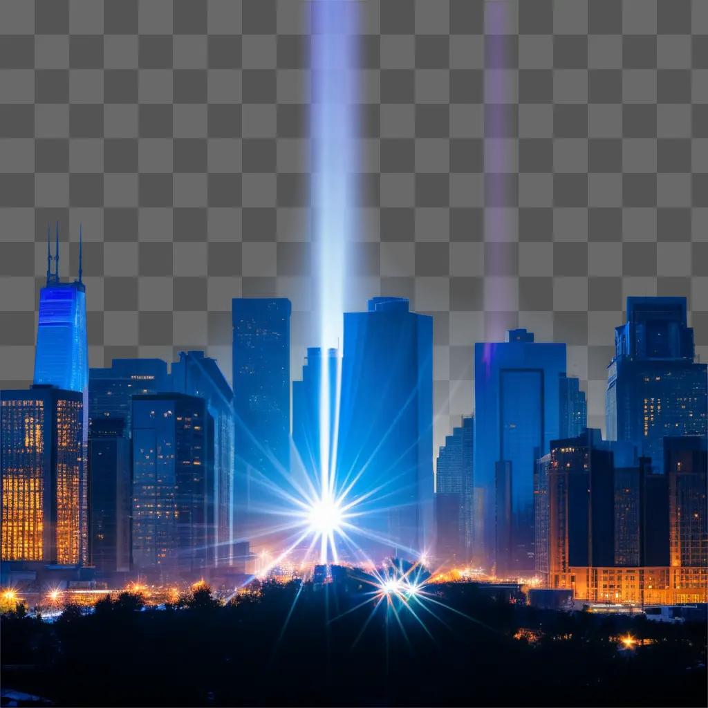 City lights with lens flare over skyscrapers