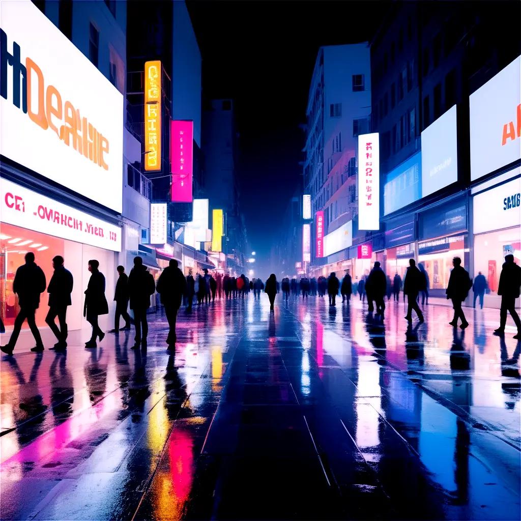 City street at night with lit up buildings and people