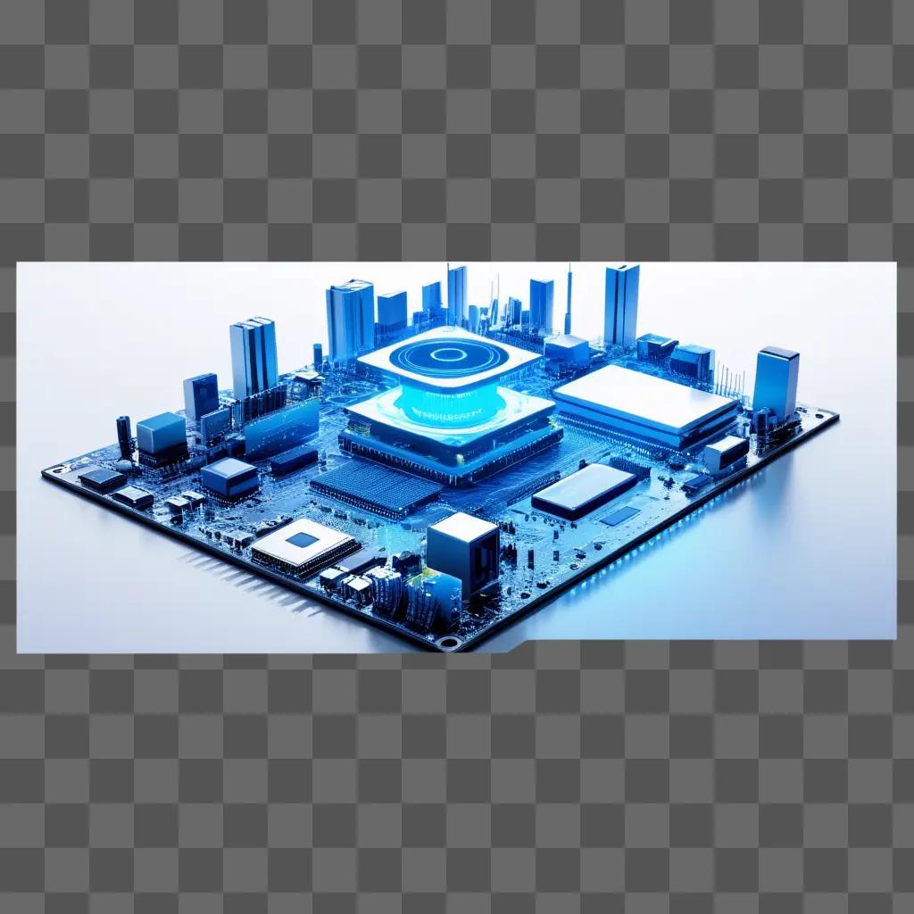 Cityscape on a computer board with blue glow