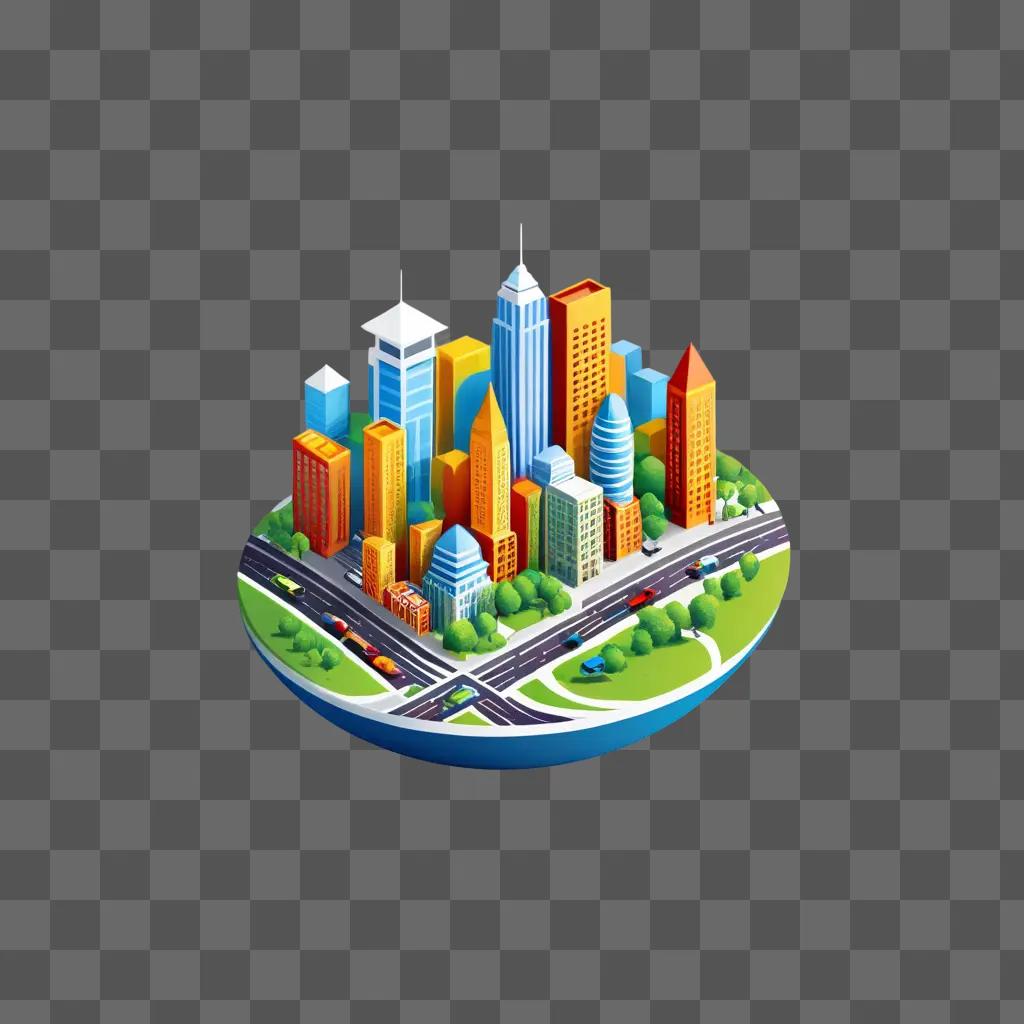 Cityscape with a location icon on a green background