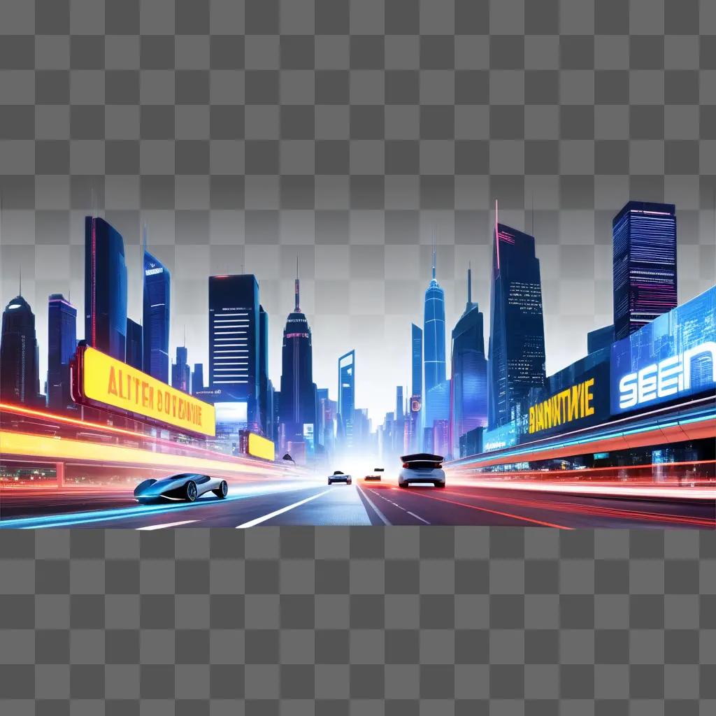 Cityscape with cars and buildings in a skyline with a banner free sky