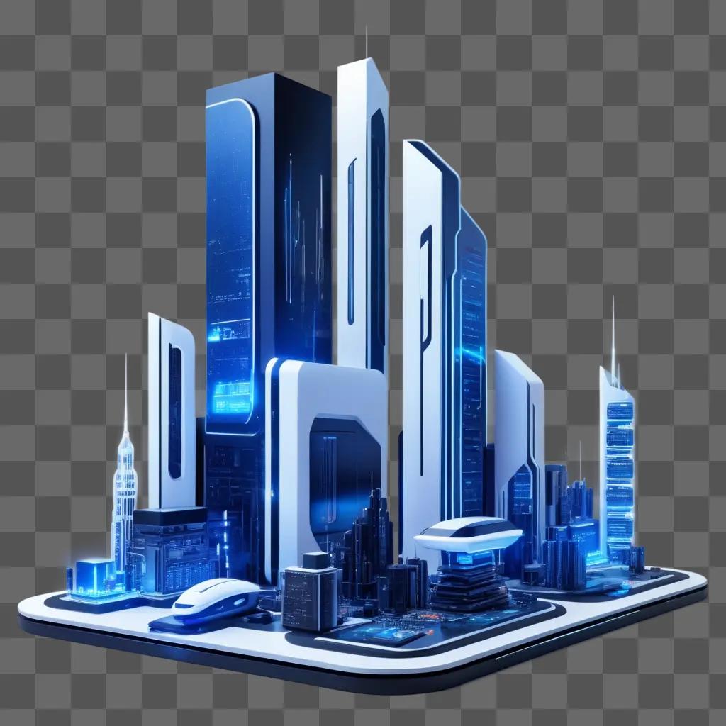 Cityscape with futuristic electronic elements and buildings