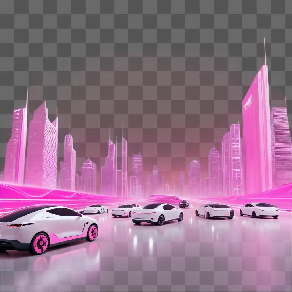 Cityscape with pink aesthetic and electric cars