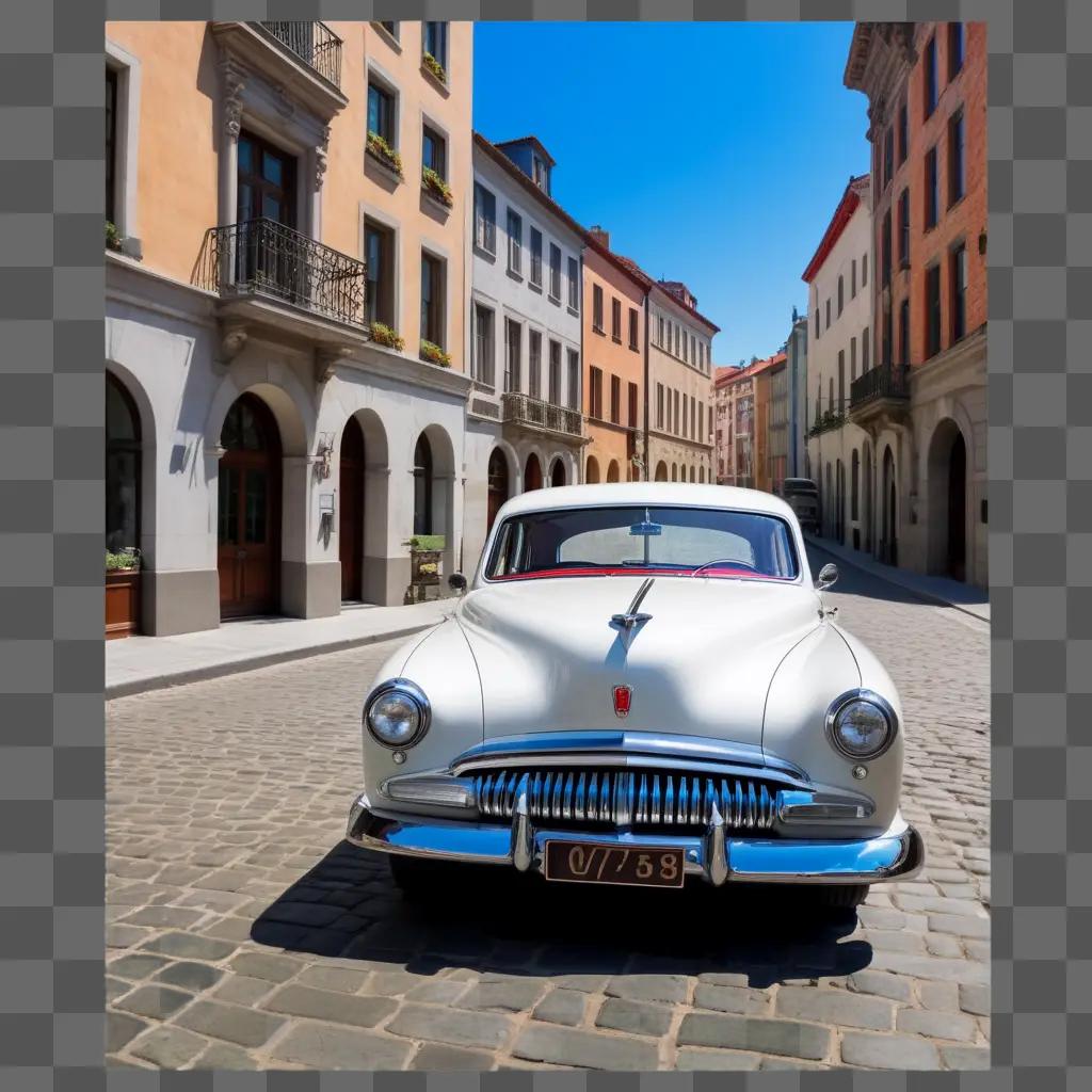 Classic car parked on cobblestone street