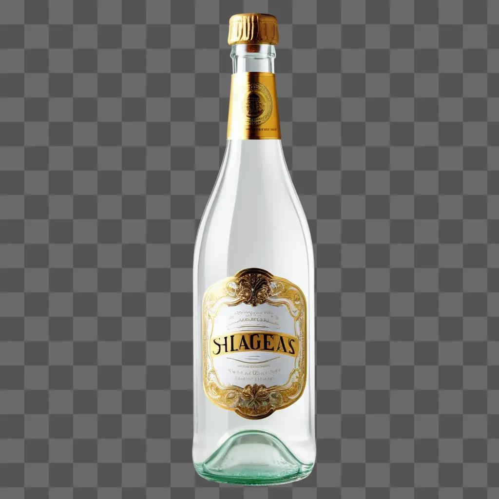 Clear glass bottle with gold lid and label