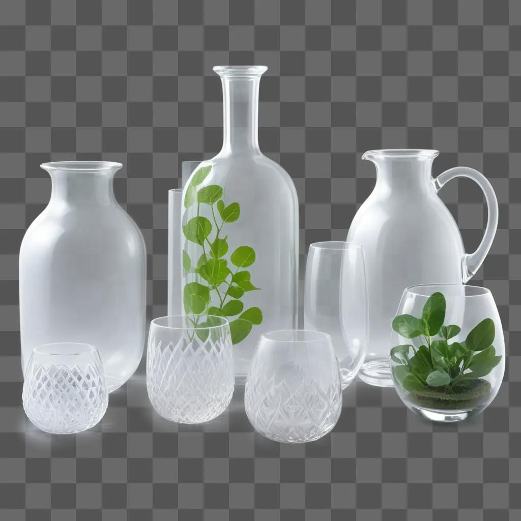 Clear glass items with leafy plant and transparent textures