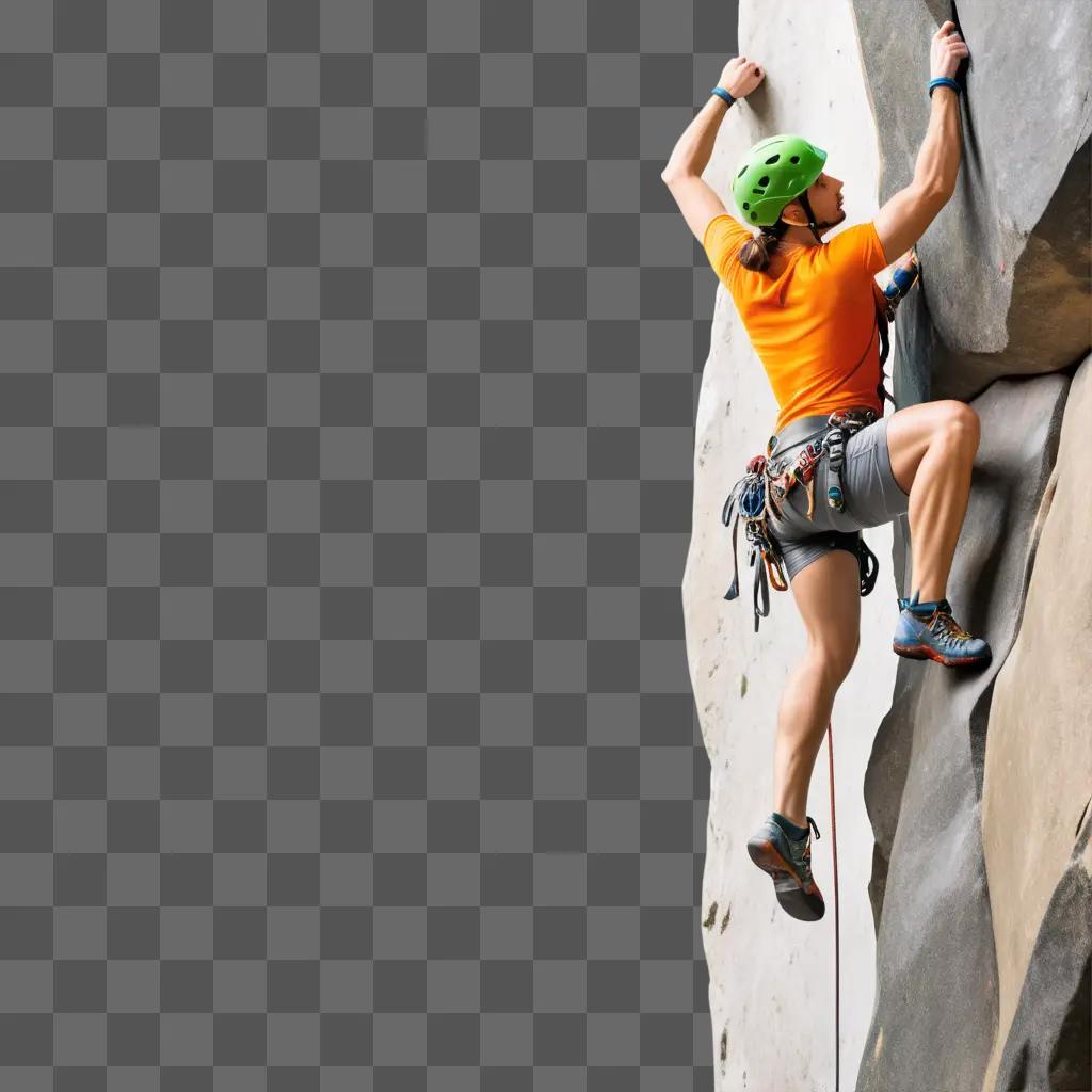 Climber in orange shirt and green helmet on a rock face