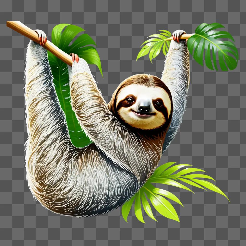 Climbing sloth with green leaves on a branch