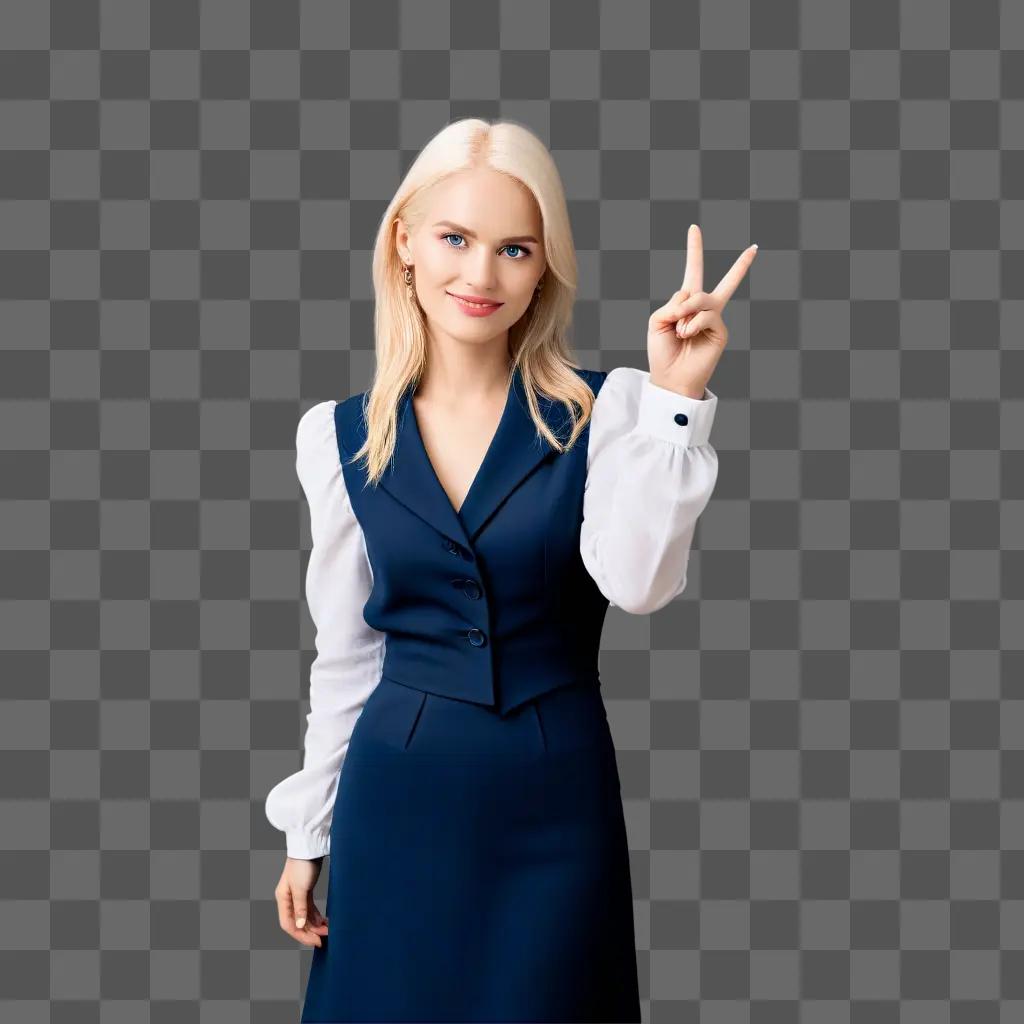 Clipart of a blonde woman in a blue dress making the peace sign