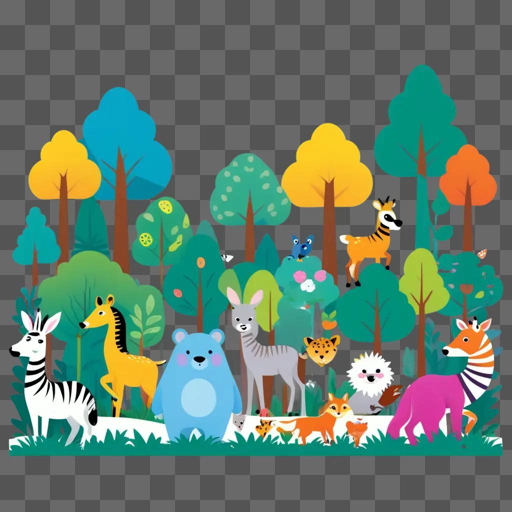 Clipart of animals in a forest with a blue sky and green trees