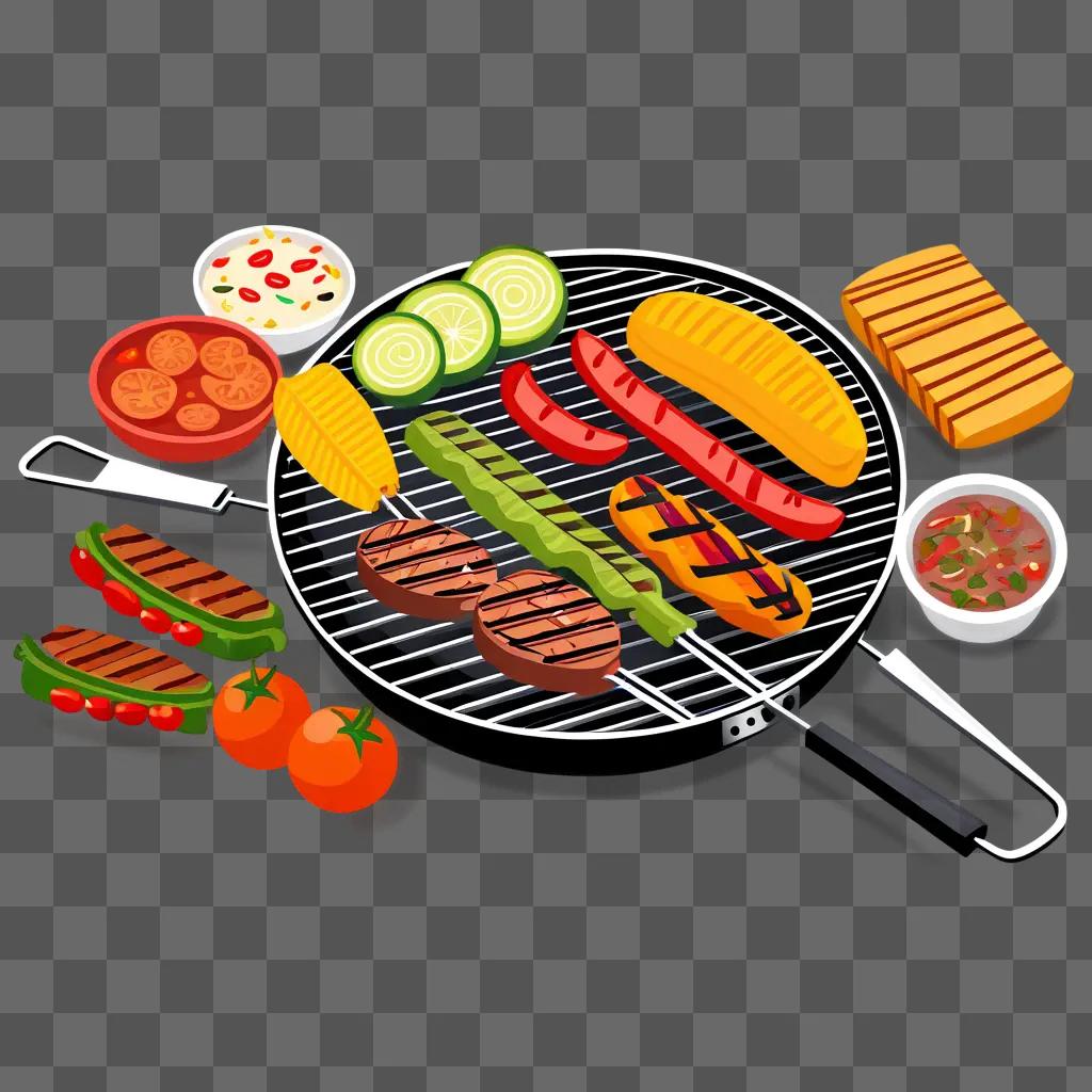 Clipart of grilled food and utensils on a table