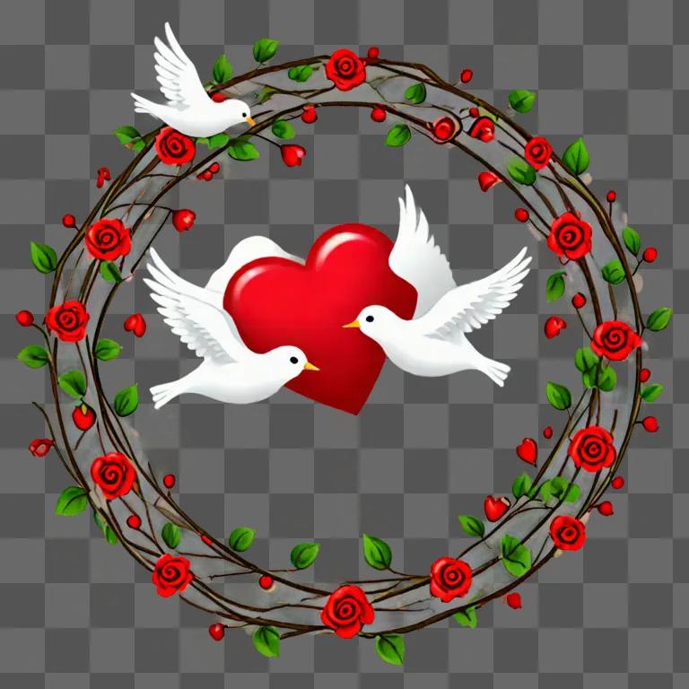 Clipart of two doves flying around a heart on a wreath