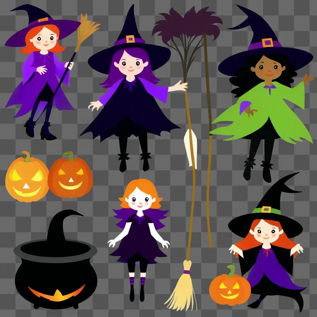 Clipart of various witches with pumpkins and brooms