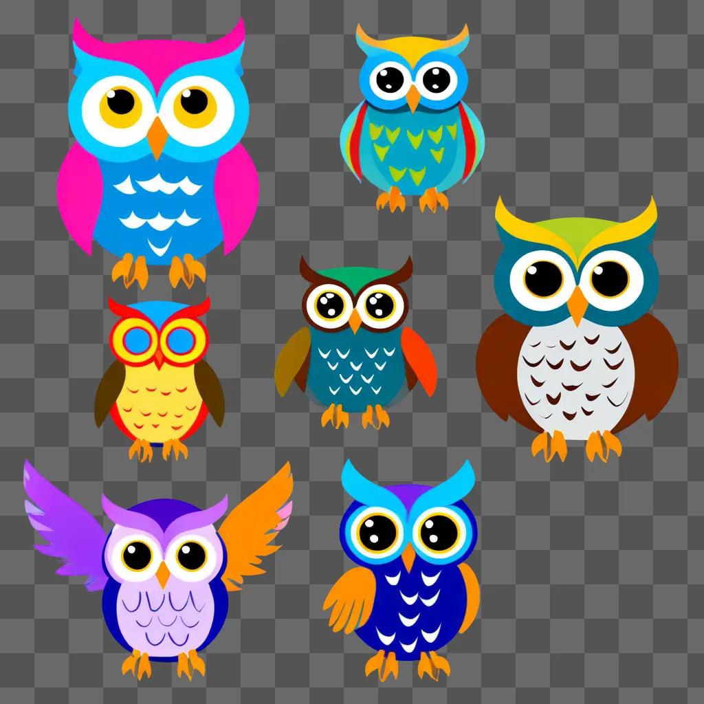 Clipart owls in different colors with unique features