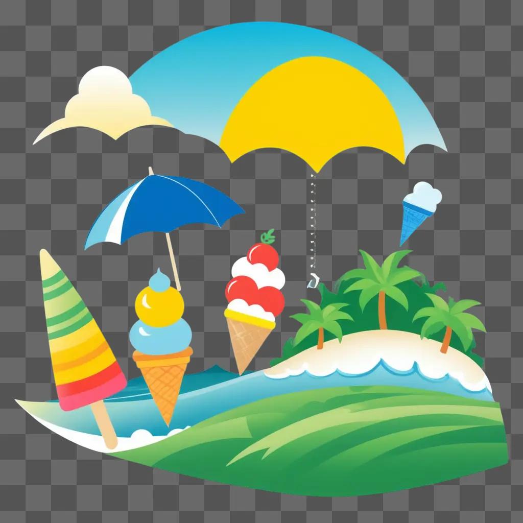 Clipart summer beach with umbrella and ice cream cones