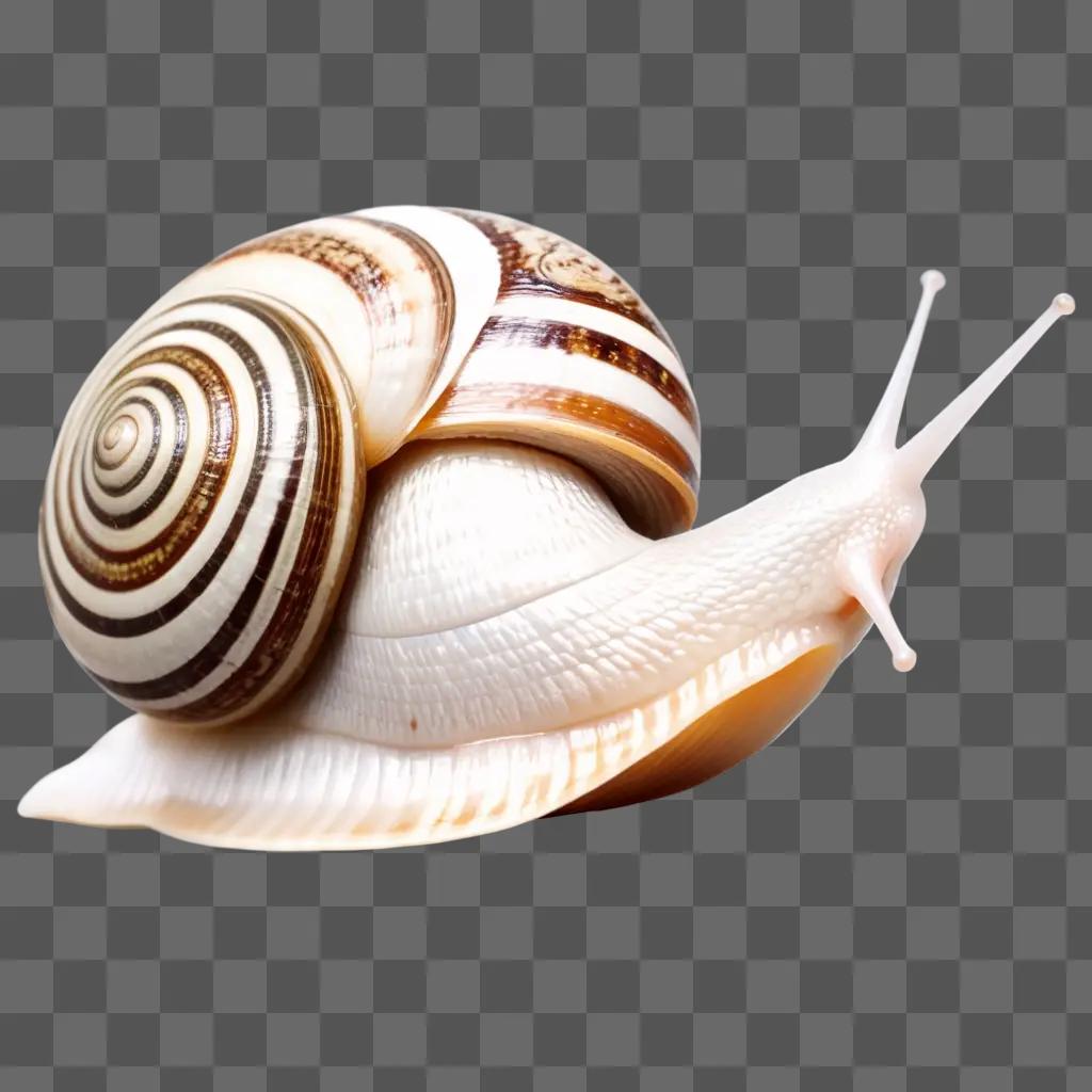 Closest image of snail with white and brown stripes