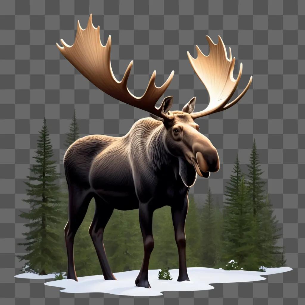 Closest moose with bright antlers standing in snow