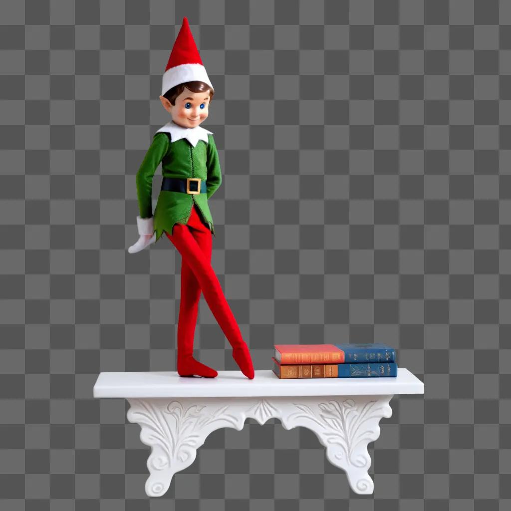 Cluttered shelf with elf on the left