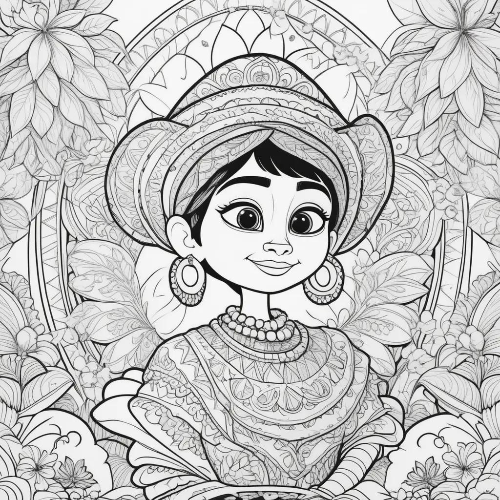 Coco coloring pages featuring a smiling woman in a floral hat