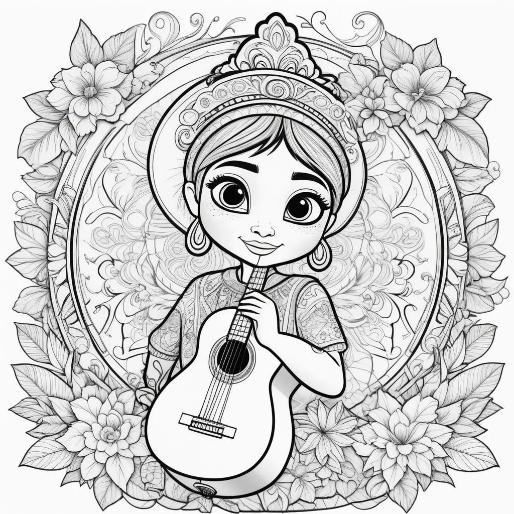 Coco coloring pages of a girl holding a guitar