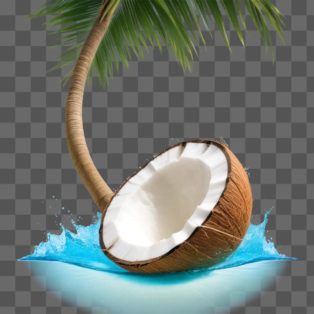 Coconut with a splash of water on a blue background