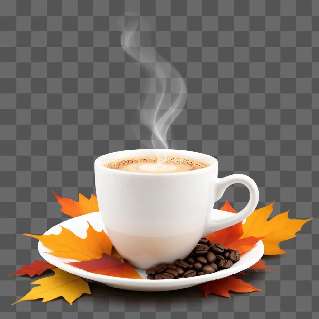 Coffee cup sits on saucer with autumn leaves