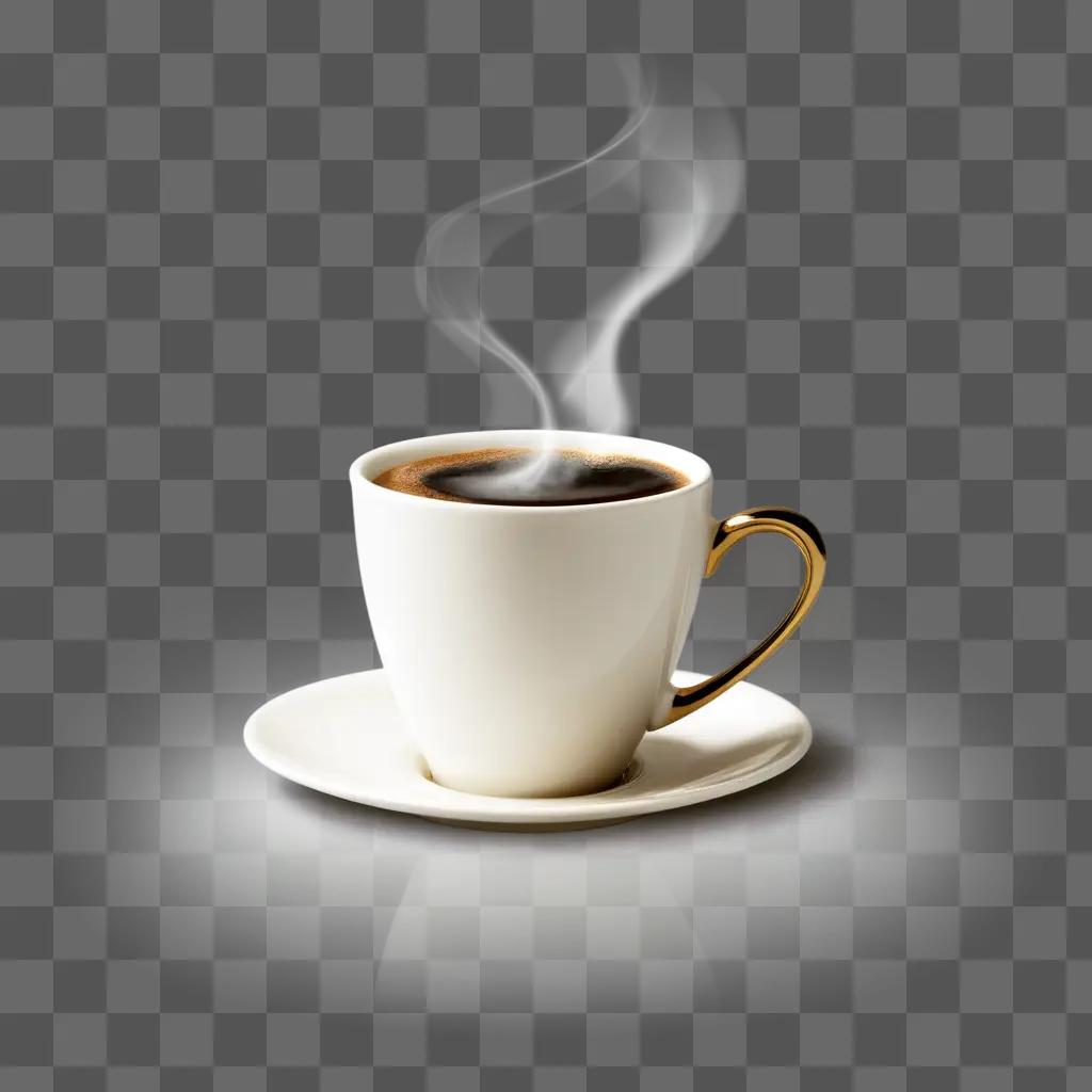 Coffee cup with steam on saucer, white background