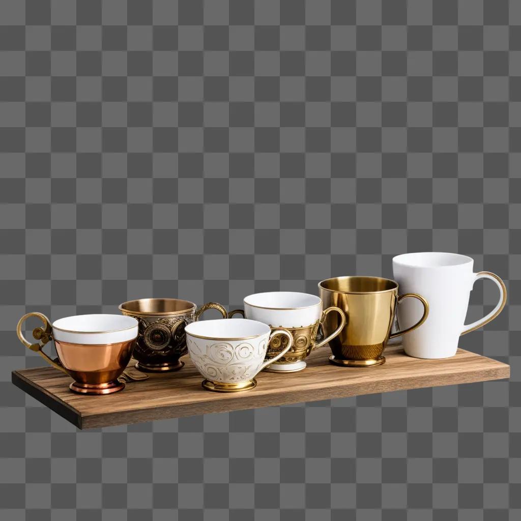 Coffee cups line a wooden shelf in a room