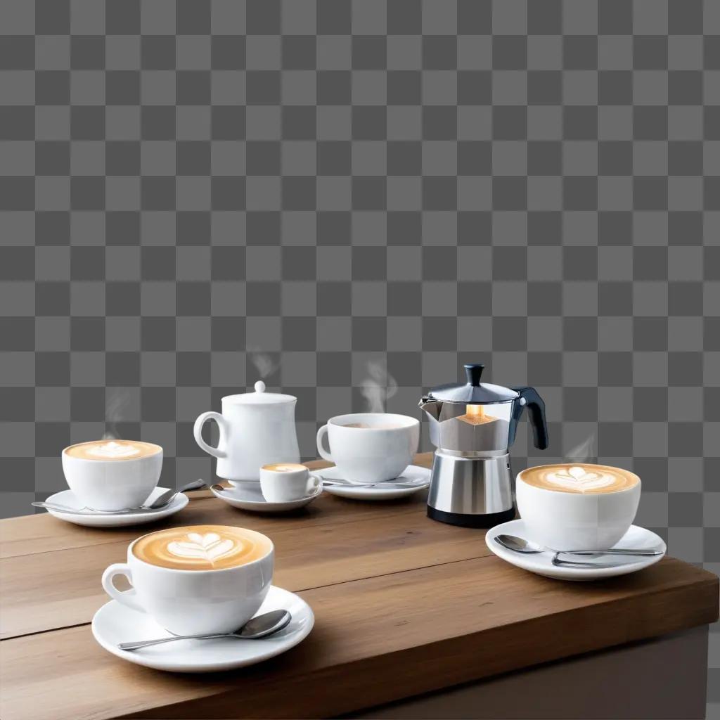 Coffee cups on wooden table with steam rising from coffee pot